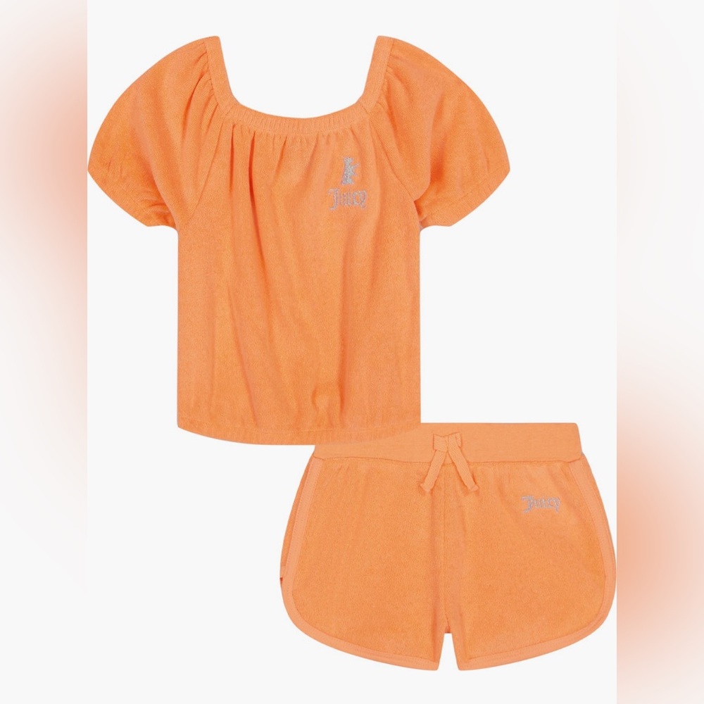 Juicy Couture Kids Vibrant Coral Puff Sleeve Terry Top & Shorts Set
